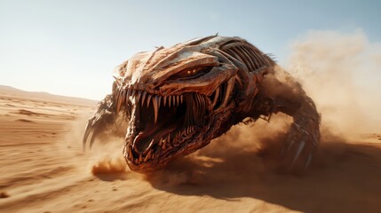 A dramatic depiction of a fierce, monstrous creature emerging from the sands of a desert, illustrating themes of power, survival, and the captivating allure of fantasy worlds.