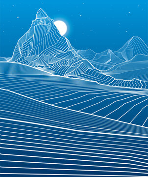 Mountains outline illustration. Night landscape. Snow hills. Moon and stars. Vector design art