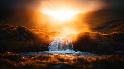 Fototapeta premium A beautiful waterfall cascades down rocks, illuminated by the soft glow of a sunrise, creating a serene and peaceful atmosphere in nature's embrace.