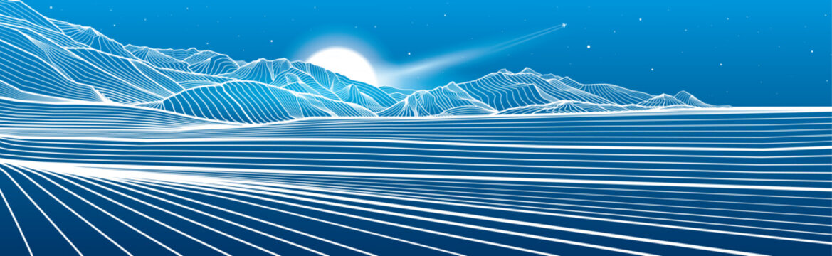 Mountains outline illustration. Night landscape. Snow hills.  Moon and stars. Vector design art