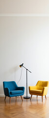 Modern Podcast Studio With Yellow and Blue Chairs and Microphones