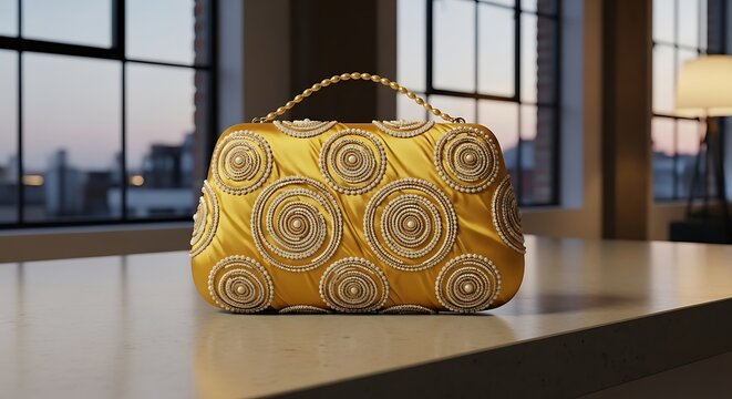 Golden clutch purse with pearl spiral embellishments