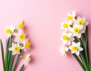 white daffodils on a pink background. Spring floral background with space for text. Template for an Easter card or banner