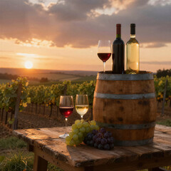 Wine Barrel And Grapes In Vineyard At Sunset