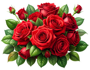 Obraz premium - Bouquet of Red Roses with Green Leaves, Romantic Floral PNG, AI Digital Illustration 