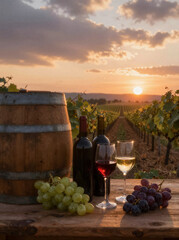 Wine barrel glasses and grapes in vineyard at sunset