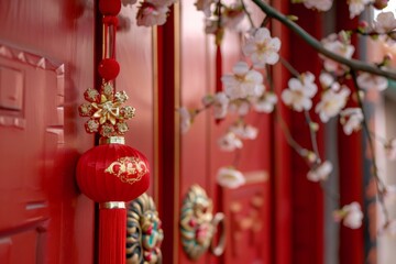 Red lantern decorating traditional chinese door for celebration