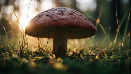 Fototapeta premium Mushroom closeup in grassy forest, low angle, warm sunlight filtering through foliage