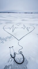 Heartbeat signals etched into ice, and a stethoscope