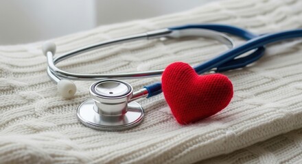 A stethoscope and a heart are placed on a warm knit.