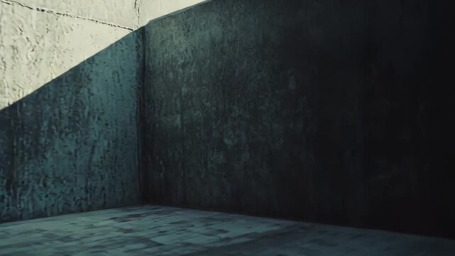 Rough concrete wall and platform interacting with a strong diagonal sunlight creating a dramatic contrast between light and dark areas, emphasizing geometric forms and texture