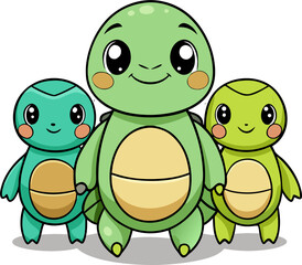 Obraz premium Happy cute turtle family, black outline with flat colors, minimalist style stock illustration , white background 