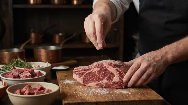 Chef seasoning fresh raw ribeye steak with salt on wooden cutting board in rustic kitchen