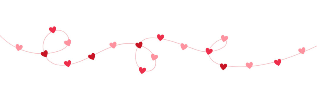 Paper pink heart string frame. Valentine day garland. Love background. Wedding banner. Happy Holiday decoration. Birthday party bg. Hanging confetti. 8 March card. Vector illustration.