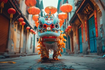 Lion dance performing in traditional chinese street with lanterns