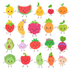 Vector illustration of cute fruits and vegetables with smiling faces. Flat isolated food object collection.