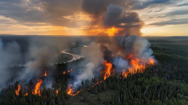 Aerial view of forest wildfire with thick smoke and flames at sunset over dense green woodland and river