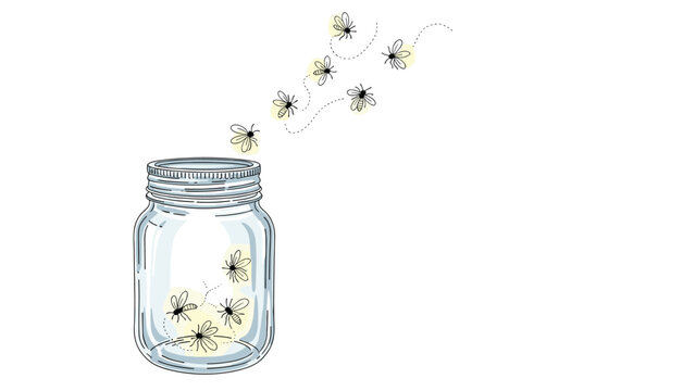 Whimsical illustration of a clear glass jar with glowing fireflies flying inside and swirling around into the air on a white background.