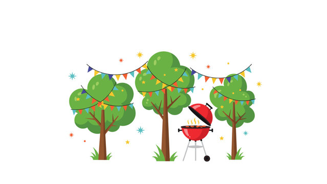 Festive outdoor barbecue scene featuring a red charcoal grill and colorful party pennants hanging between green trees.