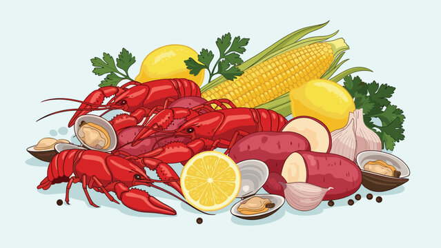 Delicious seafood boil illustration featuring red crawfish, corn on the cob, clams, potatoes, lemons, and fresh herbs.