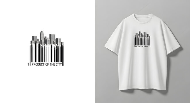 Modern city skyline buildings illustration integrated with vertical barcode representing urban consumerism product