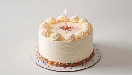 A delectable birthday cake with a lit candle and sprinkles