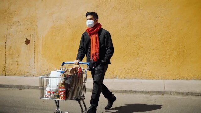 Man wearing face mask pushes shopping cart full of groceries.