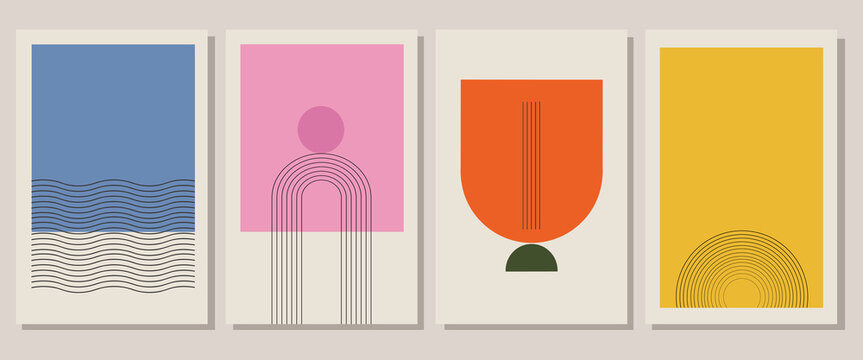 Set of four trendy abstract geometric posters featuring minimalist shapes, arches, waves, and a retro color palette for modern wall art decor.
