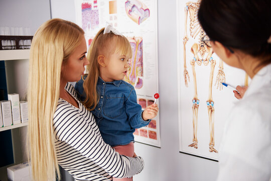 Doctor explaing anatomic diagram to mother with girl in medical practice