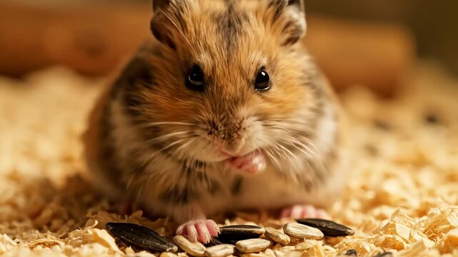Hamster eating seeds with a focus on its face