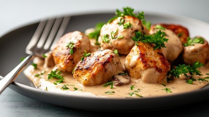 Fototapeta premium A delicious plate of creamy chicken gnocchi garnished with fresh herbs brings comfort and delight, showcasing the artistry of culinary presentation in every bite.