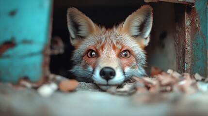 Obraz premium An adorable close-up of a fox's face peeking through a hole, displaying curiosity and warmth in its expressive eyes, emphasizing the beauty of wildlife and nature.