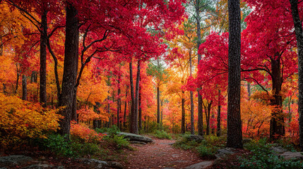 Vibrant autumn forest with colorful trees and winding path