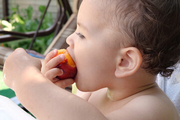 Adorable baby eating fresh orange peach. A cute little baby is sitting on the garden and is eating a peach
