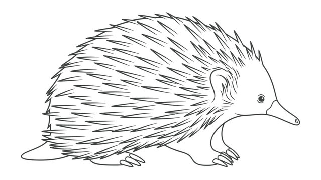 Echidna Sketch: A detailed line drawing portrays an echidna, showcasing its unique spiky exterior, elongated snout, and sturdy claws, embodying the charm of this fascinating creature.