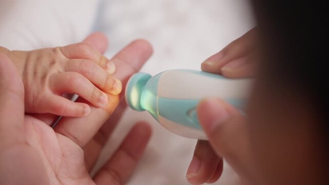 A person is holding a baby's hand and using a nail clipper to trim the baby's nails. The baby's hand is resting on the person's hand, and the person is being careful not to hurt the baby