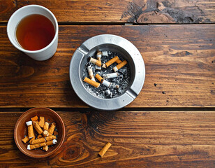 Cigarette butts tea cup wood table