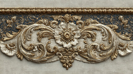 Ornate gold and silver floral design on textured wallpaper