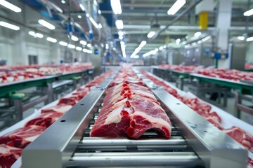 Raw beef cuts moving along conveyor belt