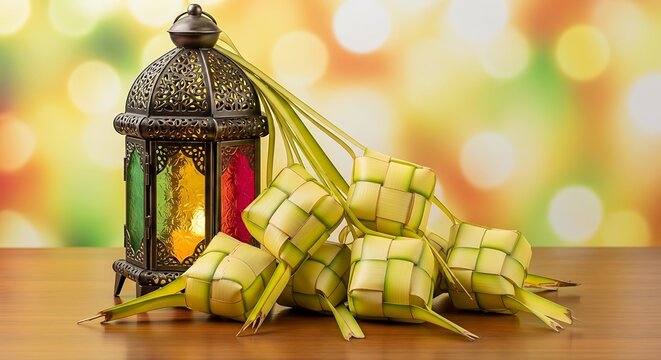 Traditional Arabic lantern and ketupat rice cakes on a wooden table with bokeh lights, perfect for Ramadan and Eid greetings
