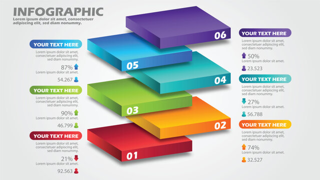 6-Step 3D Floating Block Infographic Template. Vector Presentation Slide with Layered Isometric Platforms, Percentage Growth Indicators, and Statistical User Data