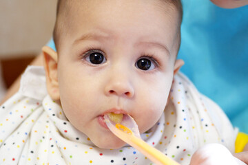 Portrait of little baby boy eating food. Baby with a spoon in feeding chair. Cute baby eating first meal