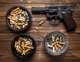 Top view, Cigarette ashtray and pistol on wooden table
