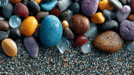 Vibrant colorful sea glass and pebbles on sandy beach