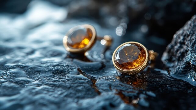Stylish golden cufflinks with amber stones resting on a wet surface, highlighting luxury and elegance in an artistic close-up shot that exudes sophistication and charm.