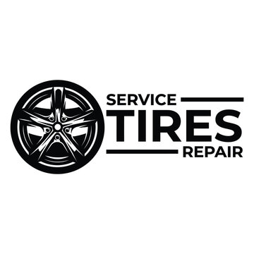 Black and white tire service logo with wheel and text elements