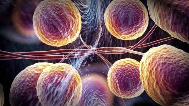 Two spherical cells replicate simultaneously while artistic effects enhance scientific presentation