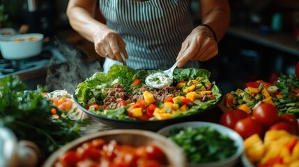 Obraz premium A chef skillfully assembles a colorful salad filled with fresh fruits, vegetables, and rich garnishes, symbolizing health, vitality, and the culinary arts in an engaging kitchen scene.
