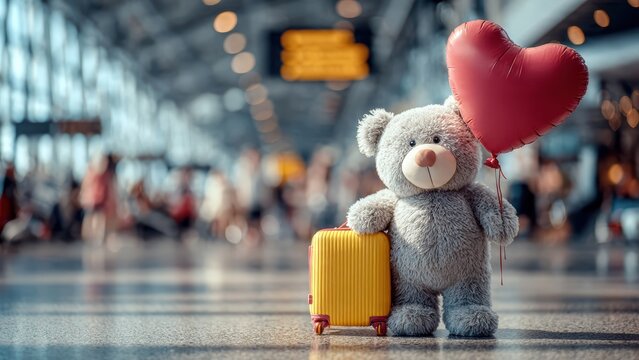 A cute teddy bear holding a heart-shaped balloon next to a yellow suitcase in an airport setting