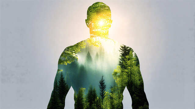 A man's silhouette is filled with a vibrant forest landscape and illuminated by a bright sunny sky, Earth Day